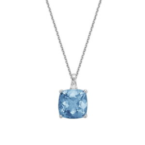 Pendentif topaze bleu taillée coussin et diamant avec une chaine en or blanc 10k