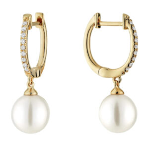 Boucles d'oreilles pendantes avec perles et diamants en or jaune 10k