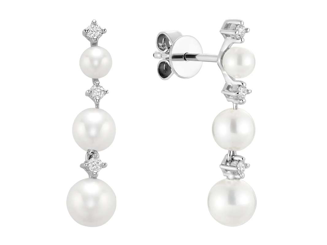 Boucles d'oreilles pendante avec 3 diamants et 3 perles de culture d'eau douce en or blanc de 14 carats