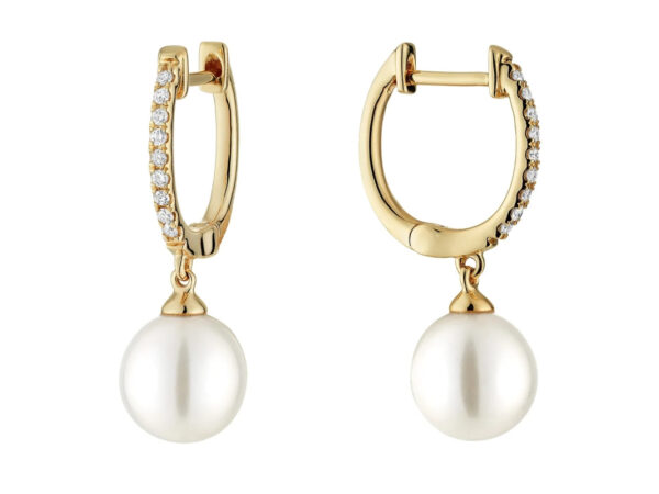 Boucles d'oreilles pendantes avec perles et diamants en or jaune 10k
