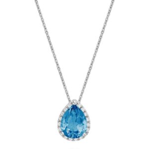 Pendentif orné d’une topaze bleu de Londres taille poire de 7 x 9 mm avec un halo de 16 diamants et une chaîne de 18 pouces